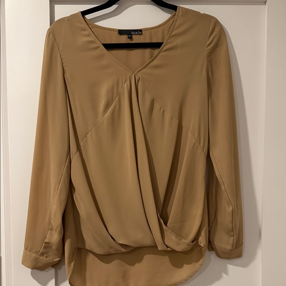 Ro & De Camel V-Neck Blouse with Draped Front